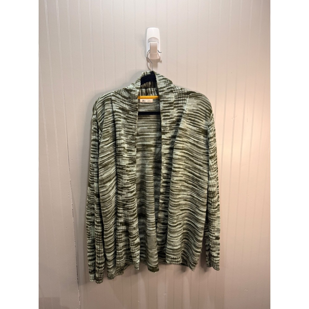 OVLA Women 1X Olive Green Space Dye Open Front Shawl Collar Cardigan Sweater